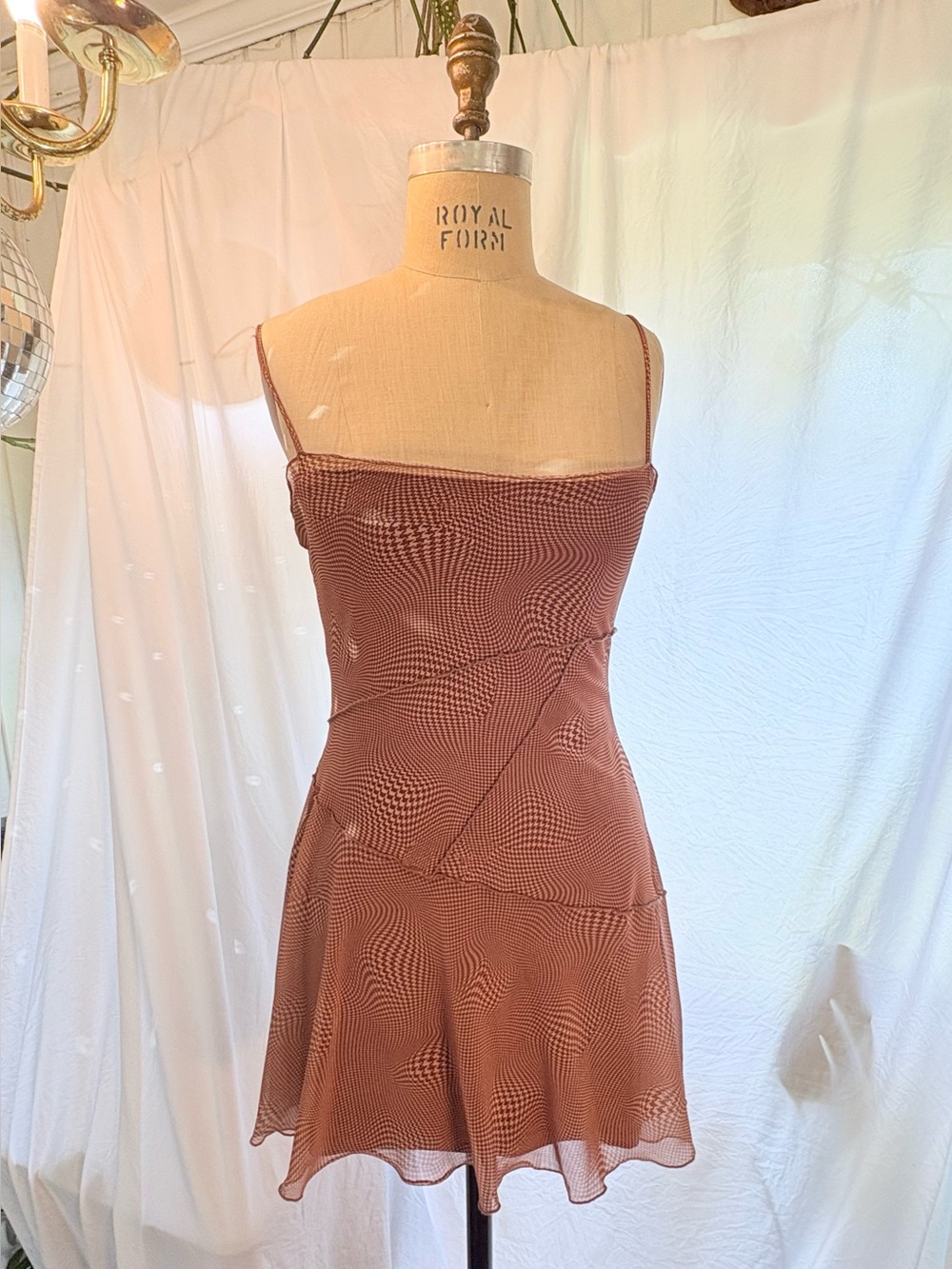 Urban Outfitters Moxie Warped Houndstooth Mesh Mini Fairy Dress Brown Y2K Size S